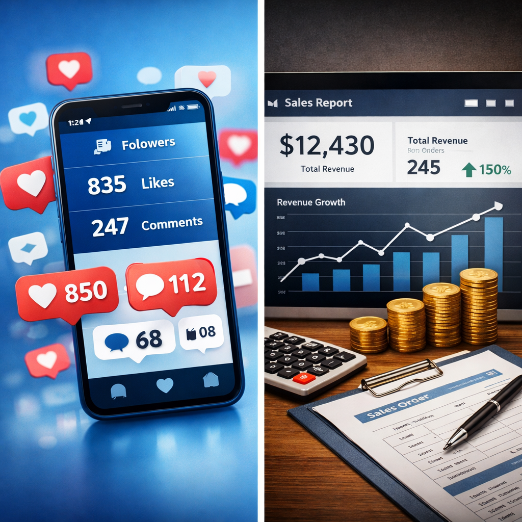 split screen showing social media metrics and revenue dashboard to turn social media followers into paying customers